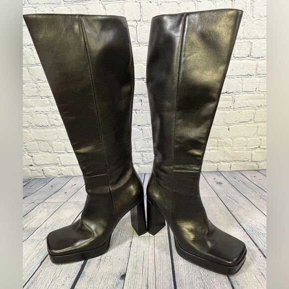 VINTAGE Luichiny Mavis Black Leather Y2K Classic Club Retro Platform Boots 39 - Picture 1 of 16